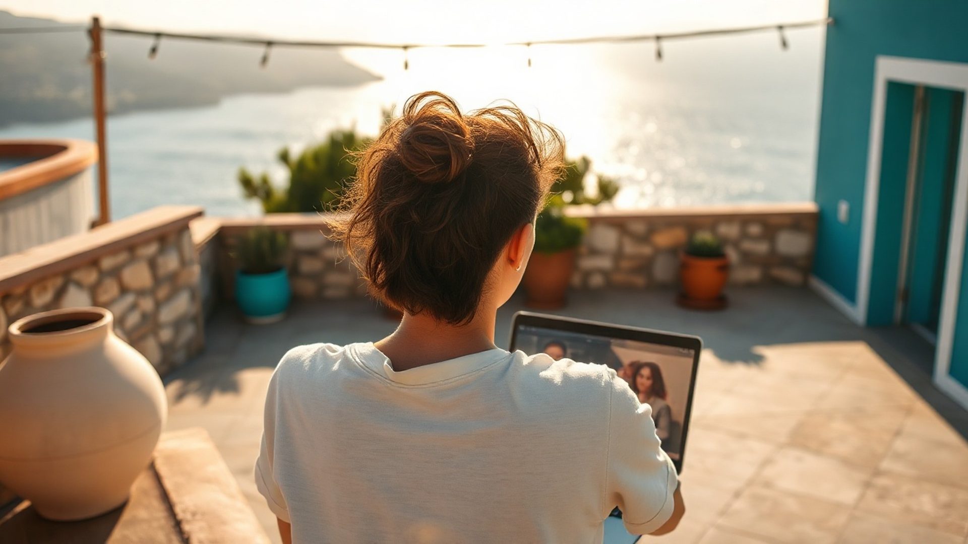Poduzetnica radi na laptopu na sunčanoj terasi s pogledom u tirkiznim tonovima